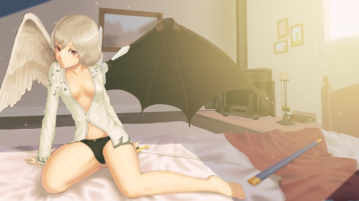 touhou, bedroom, wings, sunset, anime girls, no bra, underwear, sword, Kishin Sagume, weapon, anime, in bed, open shirt