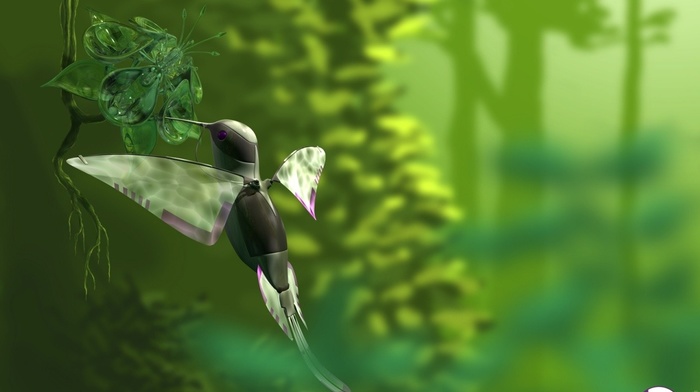 colibri bird, grass, trees, depth of field, flying, CGI
