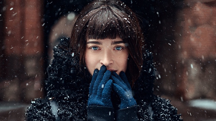 gloves, cold, girl, blue eyes, portrait, face, winter, model, snow