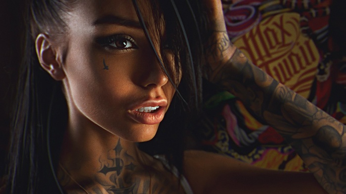 girl, eyes, lips, tattoo