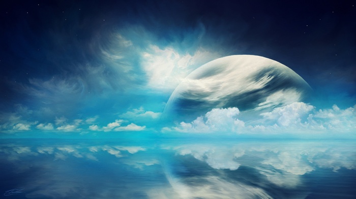 reflection, clouds, planet, artwork