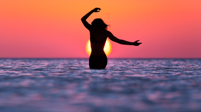 beach, sunset, sky, water, girl