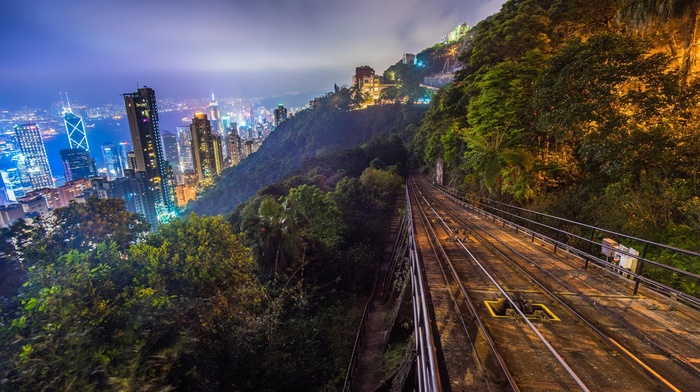 forest, Hong Kong, railway, sky, city