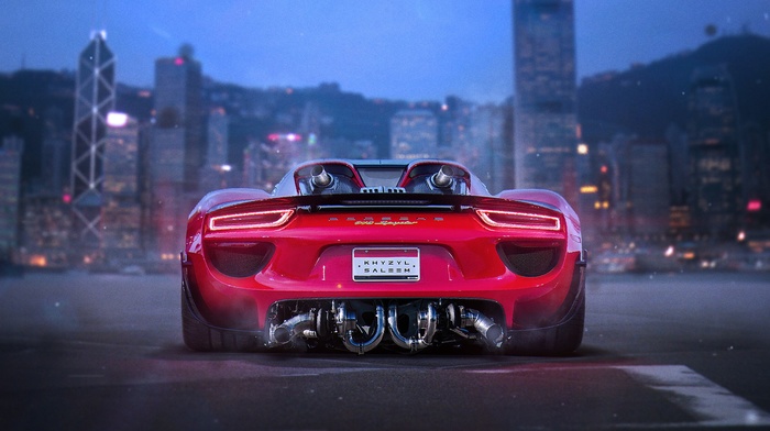 car, render, Porsche 918 Spyder, twin, turbo, city, Porsche, tuning, red cars, artwork, Khyzyl Saleem, Hong Kong