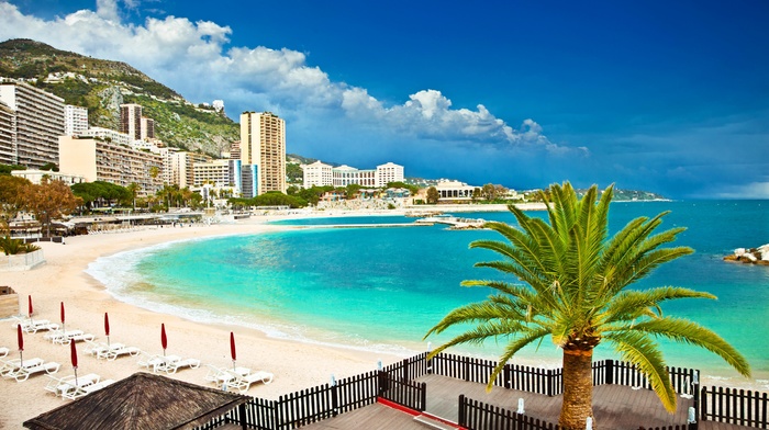 beach, sky, clouds, Monaco, water
