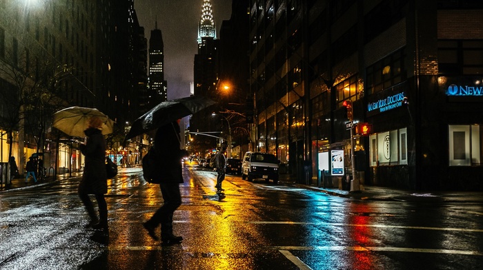 rain, men, city, New York City, umbrella, girl