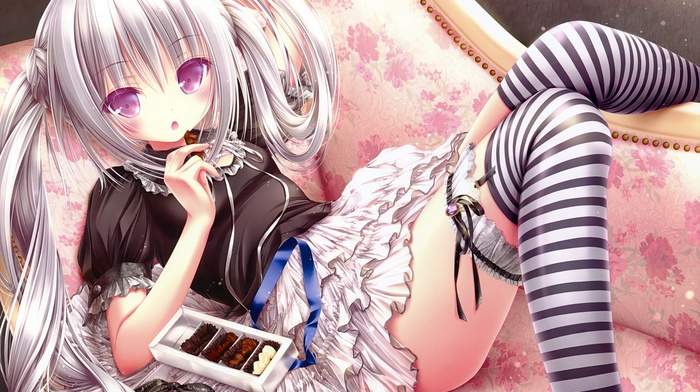 thigh, highs, couch, loli, anime, long hair, chocolate, dress, original characters, anime girls, silver hair