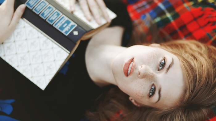 tartan, introvert, books, girl, looking at viewer, lying on back, redhead, freckles