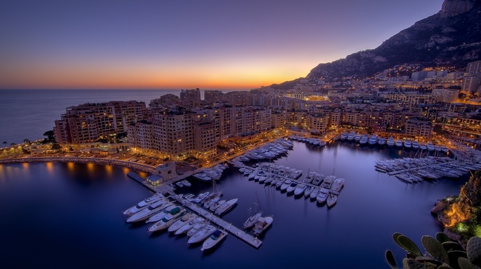 Monaco, water, sunset, city, city lights, harbor