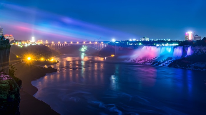 landscape, night, Niagara Falls, waterfall, river, bridge, lights, glowing