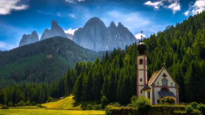 church, sky, forest