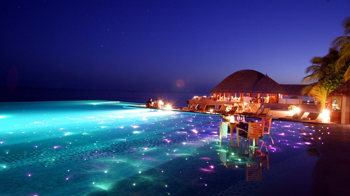Maldives, beach, sky, swimming pool, hotel, chair, hut, water, glowing