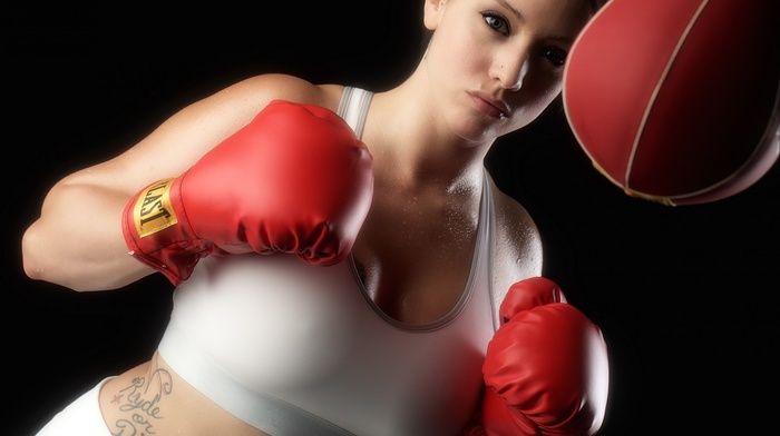 boxing, fitness model, black background, girl, tattoo, boxing gloves, sweat