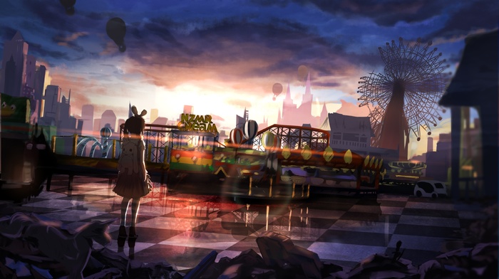 anime girls, ferris wheel, clouds, sunset, twintails, city, bunny ears, original characters, anime