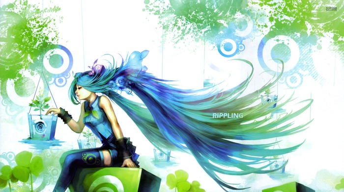 anime girls, anime, artwork, long hair, blue hair, sitting, plants, Hatsune Miku, Vocaloid