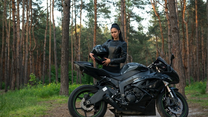 Macy B, girl outdoors, girl with bikes, trees, helmet, motorcycle, pornstar, vehicle, Kawasaki ninja