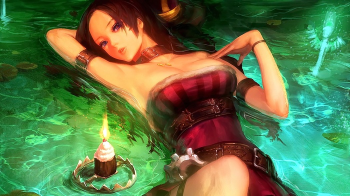 water, anime, candles, Caitlyn league of legends, original characters, long hair