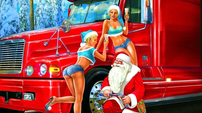 Christmas, pinup models, jean shorts, artwork, freightliner, Truck, ass