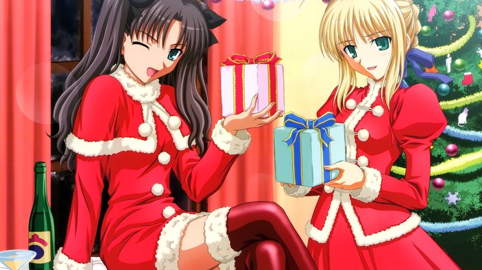 anime, fate series, Tohsaka Rin, Christmas, Saber, anime girls