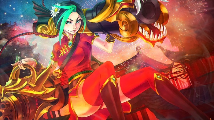 anime girls, weapon, flower in hair, fireworks, anime, video games, stockings, China Town, green hair, Jinx League of Legends