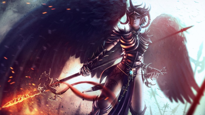 angel, wings, fantasy art, demon, weapon, sword