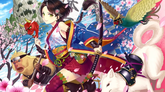 cherry blossom, weapon, anime, original characters, monkey, birds, katana, animals, dog, short hair, kimono, sword, anime girls