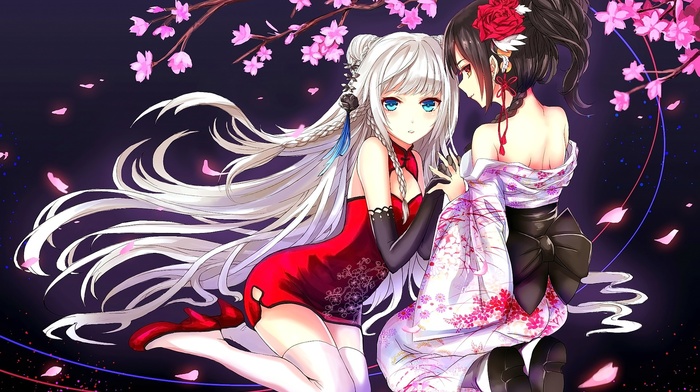 Chinese dress, anime girls, anime, cherry blossom, original characters, kimono