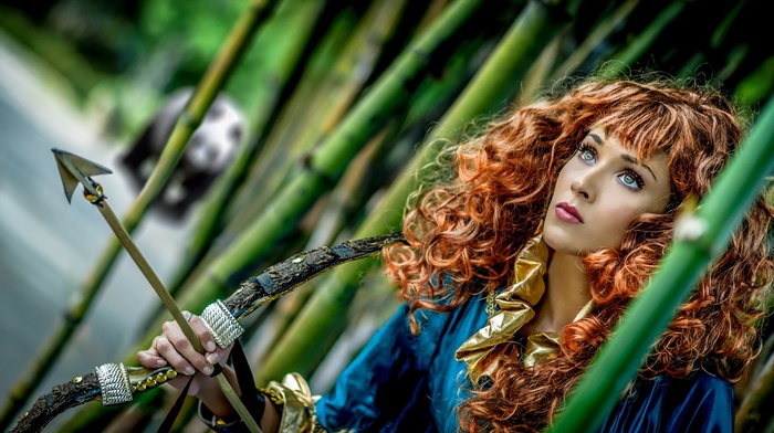 fantasy art, Archer, archery, looking away, redhead, curly hair, Brave, cosplay, girl