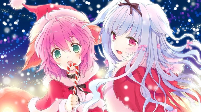 Wanko to Lily, long hair, animal ears, inumimi, dog girls, Christmas, open mouth, anime girls, looking at viewer, short hair, anime, pink hair