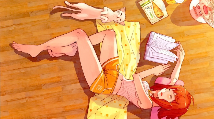 cat, anime, redhead, original characters, anime girls, sleeping