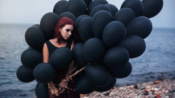 model, girl outdoors, girl, balloon, redhead, beach
