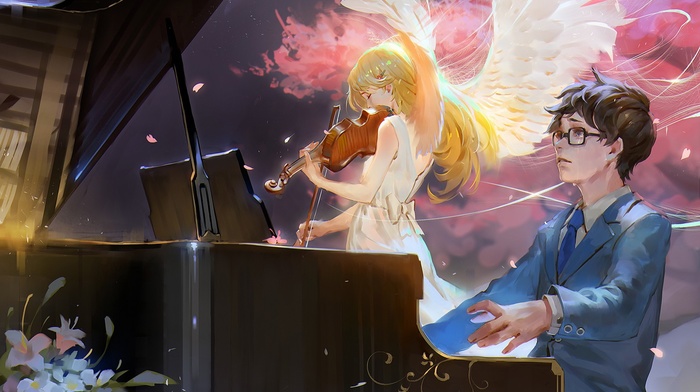 violin, piano, anime, Miyazono Kaori, wings, Arima Kousei, Shigatsu wa Kimi no Uso, musical instrument