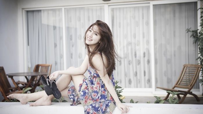 dress, flip flops, long hair, sitting, girl outdoors, girl, redhead, deck chairs, model, Asian, window, floral, bare shoulders, smiling, barefoot, looking at viewer