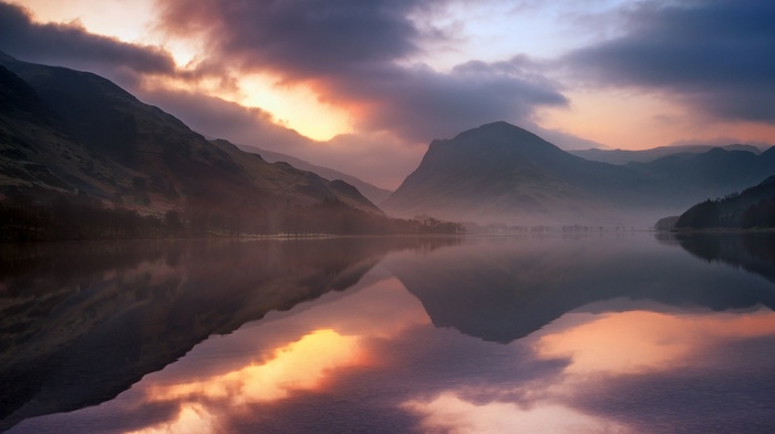 reflection, clouds, sunlight, sky, winter, landscape, lake, sunset, UK, nature, mountains