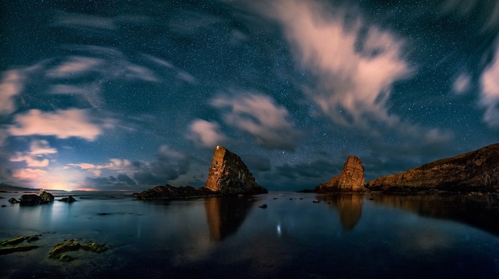 Bulgaria, calm, coast, sea, landscape, nature, long exposure, starry night, rock, clouds