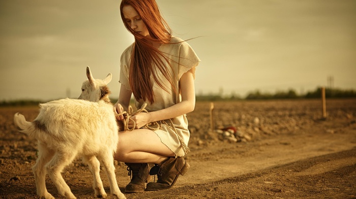 redhead, girl outdoors, girl, goats