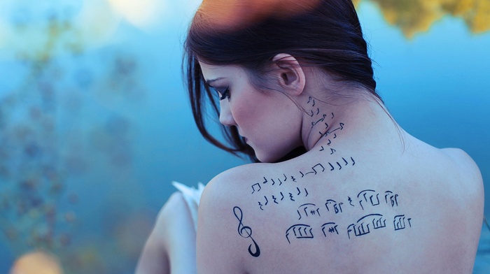 back, tattoo, girl, musical notes, rear view