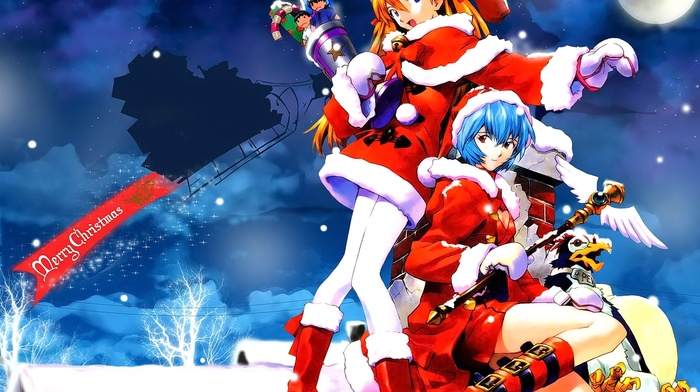 anime, Asuka Langley Soryu, Neon Genesis Evangelion, snow, anime girls, Christmas, Ayanami Rei