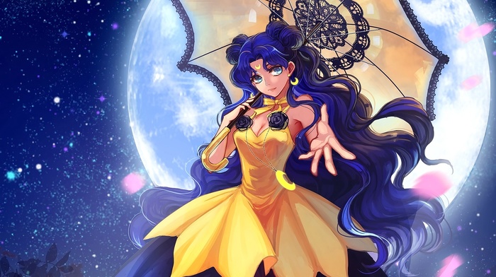 moon, umbrella, anime girls, long hair, dress, anime, blue hair, Sailor Moon