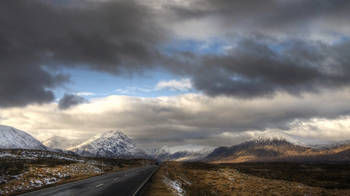 road, Scotland, clouds