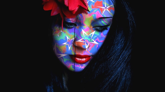 face, red lipstick, girl, black hair, face paint, colorful, flower in hair
