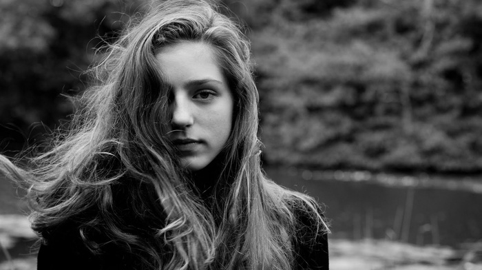 monochrome, Birdy, girl, hair in face, looking at viewer
