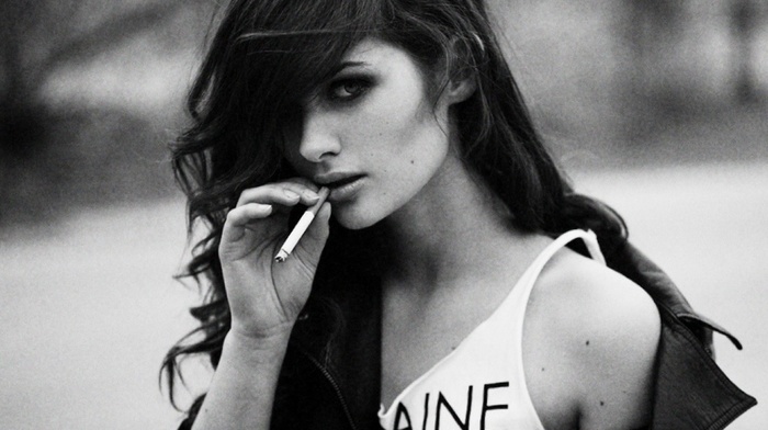 looking at viewer, hair in face, monochrome, smoking, girl