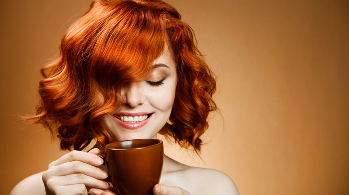 curly hair, girl, cup, smiling, redhead