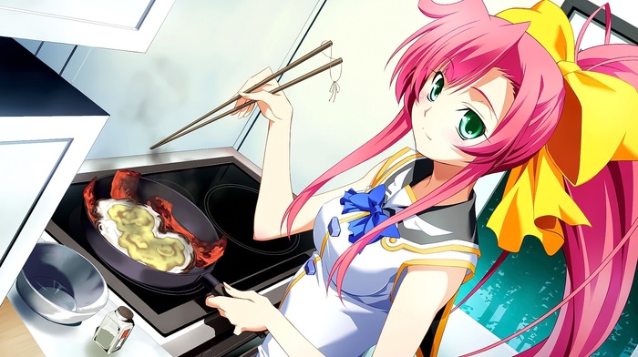 cooking, pink hair, ponytail, Naki Hayasaka, Hayasaka Naki, anime girls, eggs, bacon, Soranica Ele, ribbon, anime