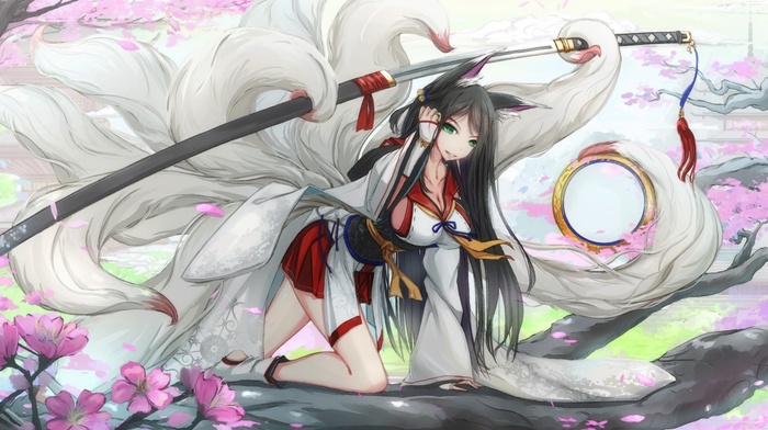 sword, kitsunemimi, katana, original characters, fox girl, cherry blossom