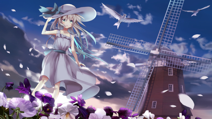 hat, flowers, windmill, flower petals, anime girls, original characters, anime, dress