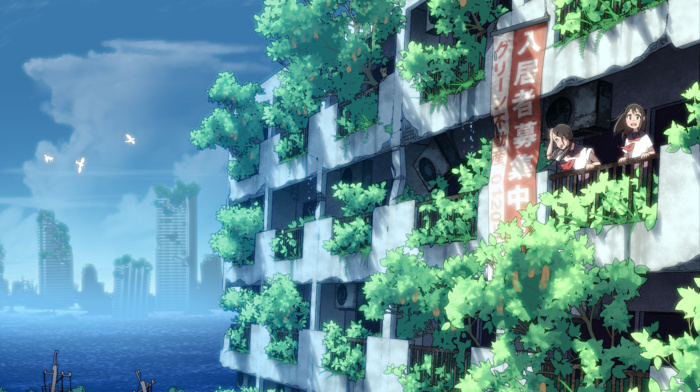 building, landscape, anime girls, anime, sailor uniform, original characters