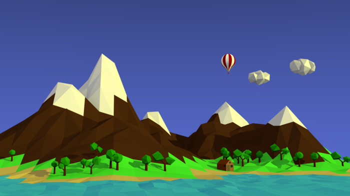mountains, landscape, low poly, hot air balloons