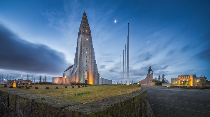 architecture, lights, stones, modern, trees, long exposure, moon, evening, church, cross, building, clouds, field, Iceland, city, statue, grass, car, Reykjavik